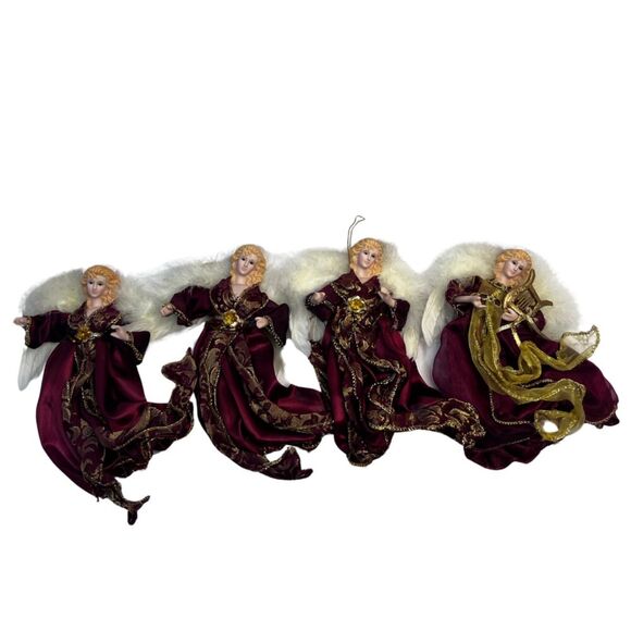 Christmas Ornaments White Feather Angels 8" Tall Set of 4--1 with Harp - Picture 1 of 11